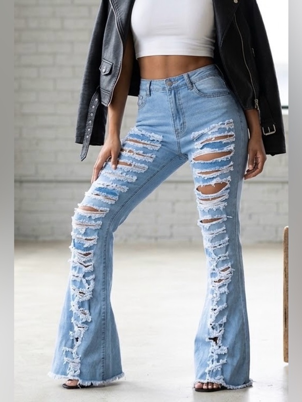 SHEIN Light Wash High Waisted Heavy Distressed Ripped Flare Jeans Size W26 L32